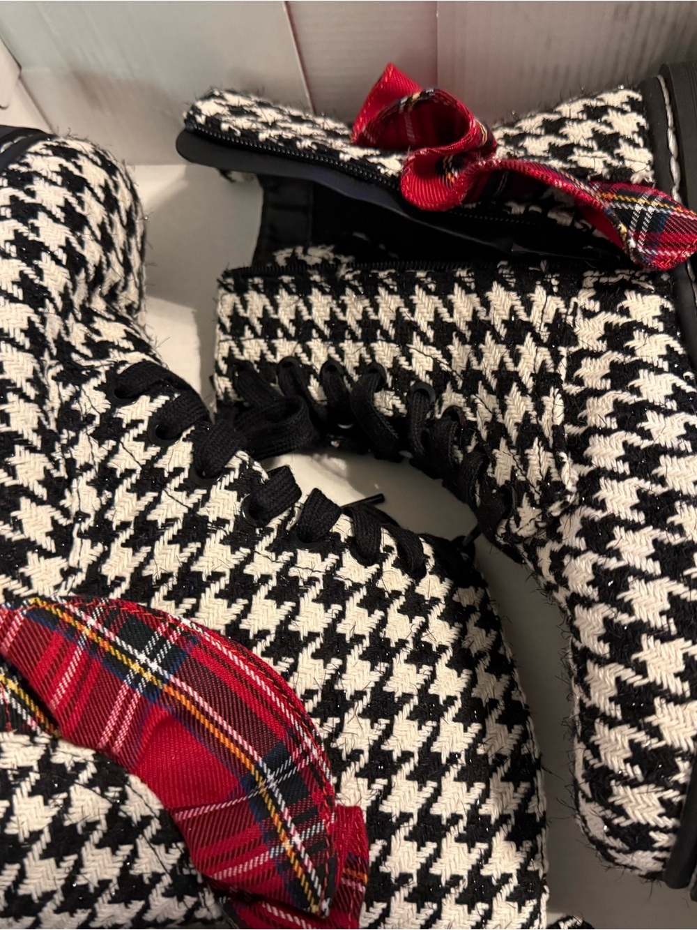 Betsey Johnson Houndstooth Combat Boots with Red Plaid Ruffle and side zippers